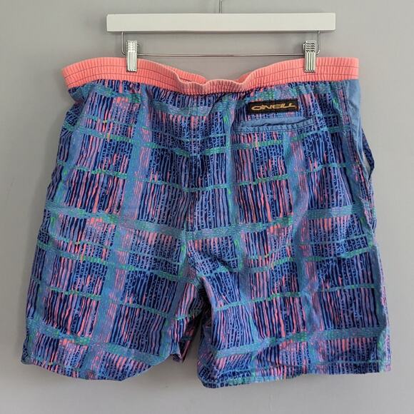 Men's Vintage O'Neil Swim Trunks Neon Blue Pink Oversized  34 Made in USA - Picture 1 of 7